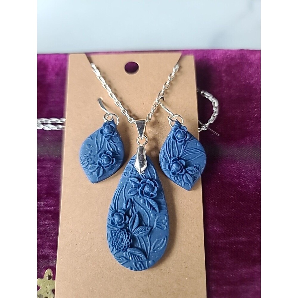 Blue Floral Polymer Clay Jewelry Set, NEW